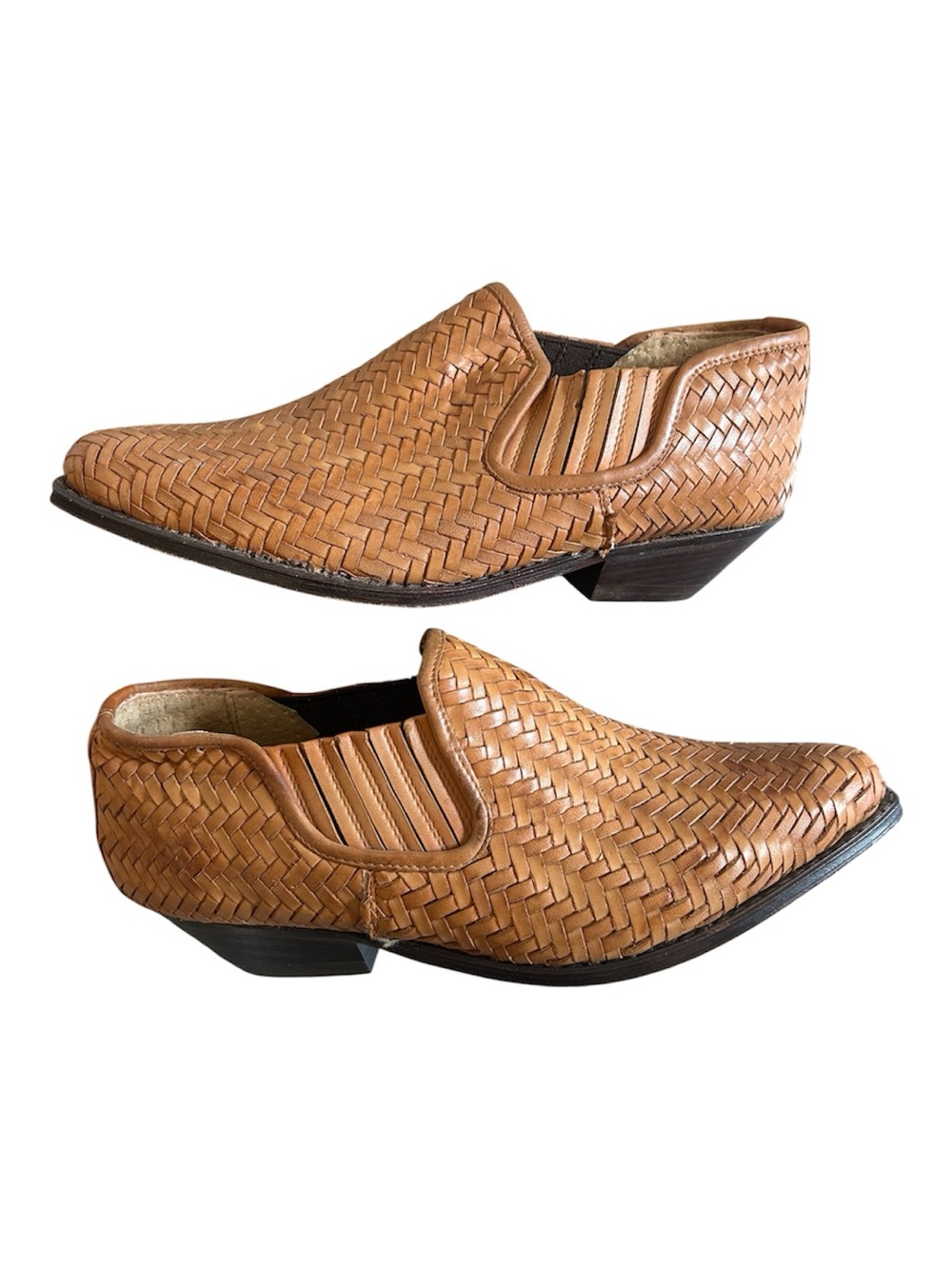 Vintage Seychelles Woven Leather Slip On Western Booties Camel size 8.5